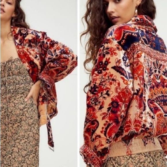 Free People Jackets & Blazers - Free People Bailey Velvet Moto Sm Blue Red Floral Jacket Coat